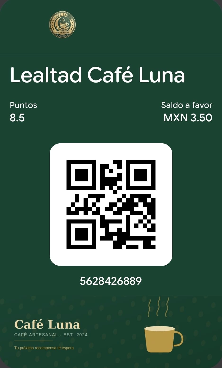 Tarjeta de lealtad de Café Luna en Google Wallet, con puntos, saldo y código QR